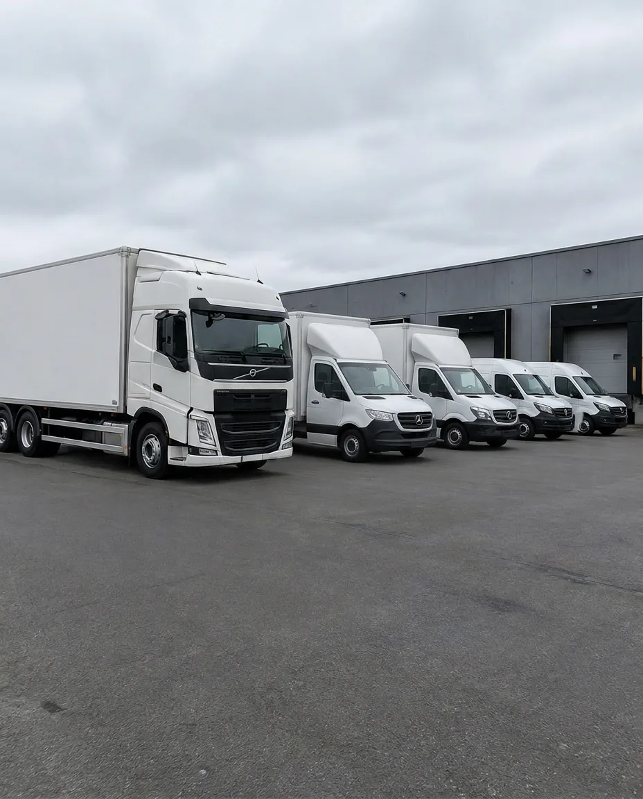 Hvid Volvo-kassebil samt mindre Mercedes Sprinter-kassebiler og varevogne parkeret ved en læsserampe på et mindre dansk lager